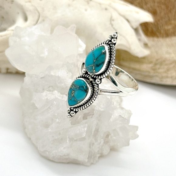 STERLING Silver Double Stack Copper Turquoise Ring - Picture 2 of 4